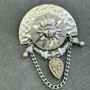 Silver Sun and Moon with Chain Brooch